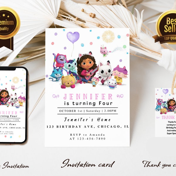 Invitation d'anniversaire numérique Gabby Dollhouse | Gabby Dollhouse invite | E-inviter | Invitation numérique | Invitation de carte | Anniversaire de fille