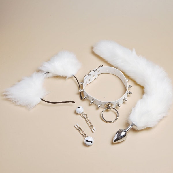 Clearance ‣White Butt Plug Fox Tail Set, Nipples Clamps, Kitten Play Collar Choker, Cat Ears Headband, Women Role Play Set, Love Exotic Toys