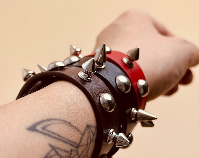 Black/Red/Brown Punk Spike Bracelet, Leather Bracelet For Men And Women, Leather Wrap Bracelet, Goth Men‘s Bracelet