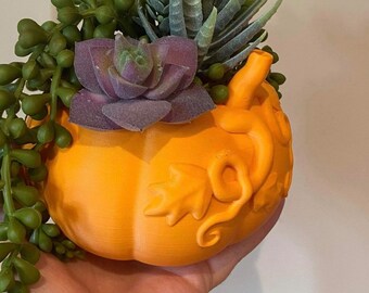 May include: A small orange pumpkin-shaped planter with a vine design, filled with a variety of green and purple succulents.
