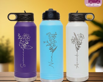 Custom Name With Birthmonth Flower Laser Engraved Water Bottle,School Gift,Holiday Gift,Graduation,School Sports Team Bottle,Bottle Gift