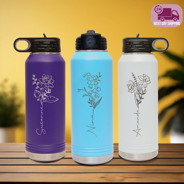 Custom Name With Birthmonth Flower Laser Engraved Water Bottle,School Gift,Holiday Gift,Graduation,School Sports Team Bottle,Bottle Gift