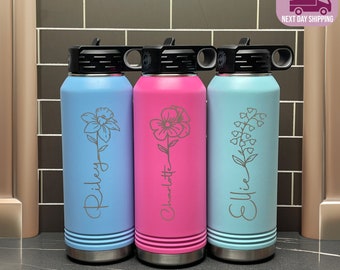 Birth Month Flower Personalized Water Bottle With Name, Flower Custom Name Engraved Water Bottle, Bridesmaid Proposal, Gifts for Her Girls