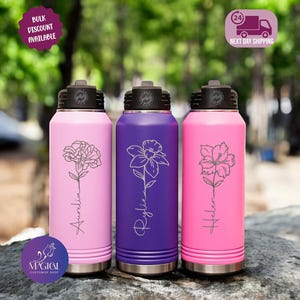 Birth Month Flower Personalized Water Bottle With Name, Flower Custom Name Engraved Water Bottle, Bridesmaid Proposal, Mother&#39;s Day Gift