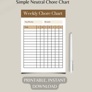 May include: A printable weekly chore chart with a brown and white color scheme. The chart has sections for "Top Priority", "Reward", "Task", and days of the week. The chart is designed to help people stay organized and on track with their chores.