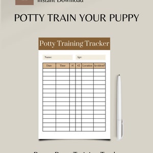 Pode incluir: Um rastreador de treinamento para ir ao banheiro para filhotes imprimível. O rastreador tem colunas para a data, a hora, o local e se ocorreu um acidente. O rastreador é marrom e branco com texto preto.