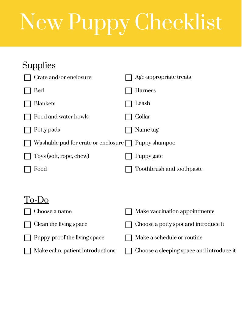 Printable New Puppy Checklist, Puppy Checklist, Bringing Home Puppy