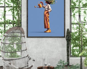 Growth Mindset Art Print: Woman with Garden, Self-Care Decor (Digital Download)