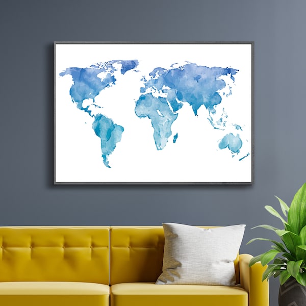 Blue Watercolor Map, Watercolor World Map, Blue World Map, World Map Watercolor, Watercolor Map, Digital Print, Art Decor, Wall Decor