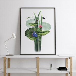 Bouquet Lotus Leaves Bud Kingfisher Bird, Kingfisher Bird, Bouquet Lotus, Lotus Poster, Digital Print, Bouquet Lotus Bird, Poster Print