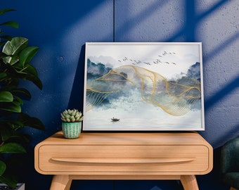 Abstract Golden Lines Landscape Painting: Blue Ink Wall Decor (PDF)