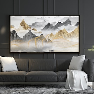 Watercolor Geometric Peaks Golden Trees Chinese Style Landscape Painting, Landscape Painting, Golden Trees, Chinese Style, Watercolor Golden