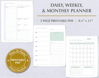 Planificador diario, semanal y mensual, descarga PDF imprimible, 3 páginas de 8,5" x 11", verde