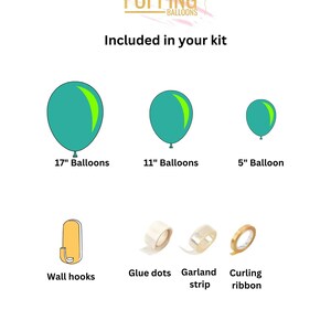 May include: A kit containing teal balloons in 17", 11", and 5" sizes, wall hooks, glue dots, garland strip, and curling ribbon. The text "WHAT'S POPPING BALLOONS" and "Included in your kit" are also visible.