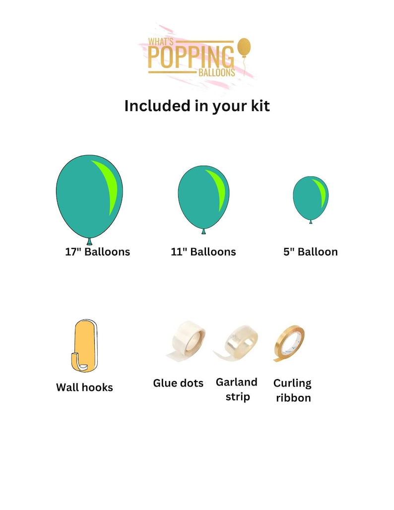 May include: A kit containing teal balloons in 17", 11", and 5" sizes, wall hooks, glue dots, garland strip, and curling ribbon. The text "WHAT'S POPPING BALLOONS" and "Included in your kit" are also visible.