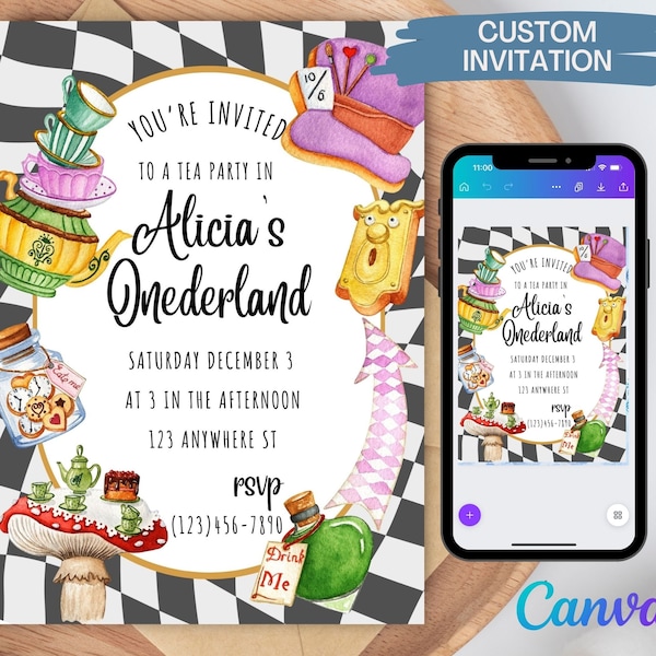 Alice in Onederland Invitation Template Wonderland First Birthday Party for one Year Old Girl Tea Party Birthday Editable Printable Invite