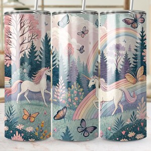 Digitale beker wrap eenhoorn, regenboog beker ontwerp, vlinder png, fantasie beker wrap, beker magisch bos, 20 oz beker ontwerp