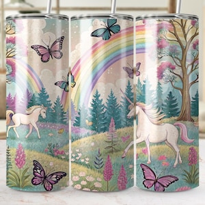Eenhoorn regenboog beker wrap, fantasie digitale download, vlinder beker ontwerp, magische scène png, sprookjesachtige beker wrap, sublimatie