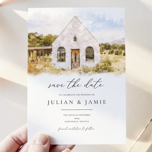 Watercolor Save the Date Illustrated Wedding Save the Date Template Download, Custom Watercolor Venue Painting Wedding Invitation Cards
