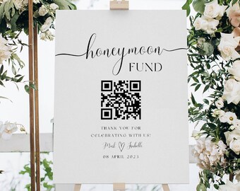 Honeymoon Fund Sign with Venmo Payment QR Code, Wedding Cash Gift, Honeymoon Venmo Gift, Honeyfund Sign, Canva Template, INSTANT DOWNLOAD