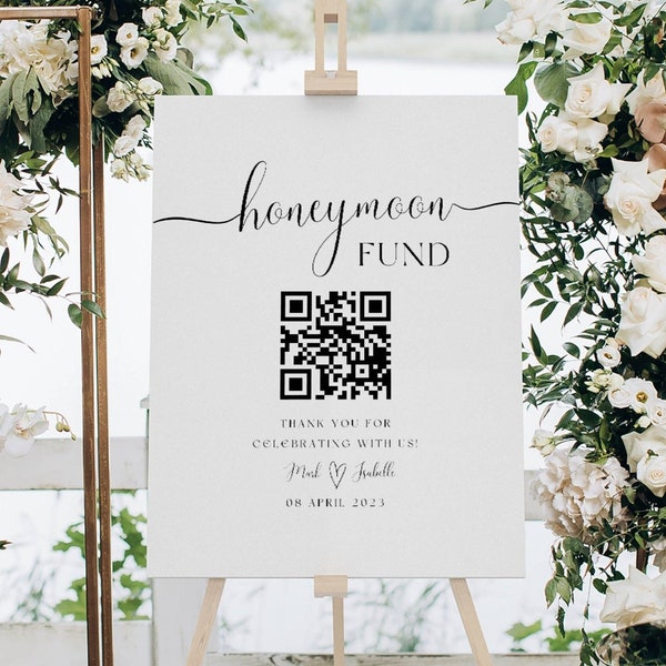 Honeymoon Fund Sign with Venmo Payment QR Code, Wedding Cash Gift, Honeymoon Venmo Gift, Honeyfund Sign, Canva Template, INSTANT DOWNLOAD