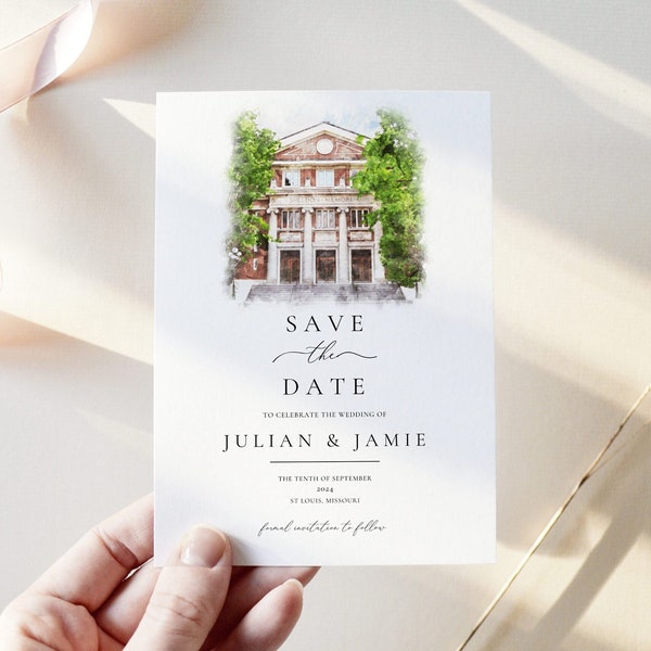 Watercolor Save the Date Illustrated Wedding Save the Date Template Download, Custom Watercolor Venue Painting Wedding Invitation Cards