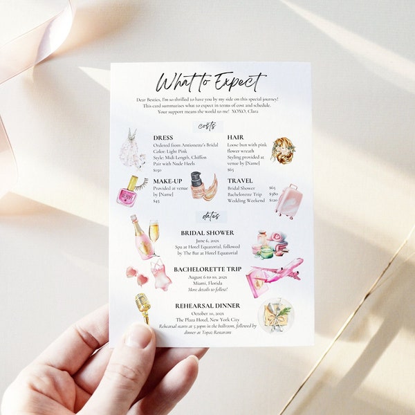 Editable Bridesmaid Expectations Card, Bridesmaid Info Card for Proposal Box, Bridesmaid Contract What to Expect, Bridal Party Information