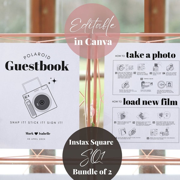 Instax Square SQ1 Instructions et ensemble de panneaux de livre d'or pour appareil photo, instructions Polaroid Comment prendre une photo Comment charger un nouveau panneau de mariage de film