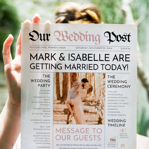 Newspaper Wedding Program Template, Wedding Newspaper Template Canva, Newlywed Times Fun Wedding Infographic Program, Wedding Word Search