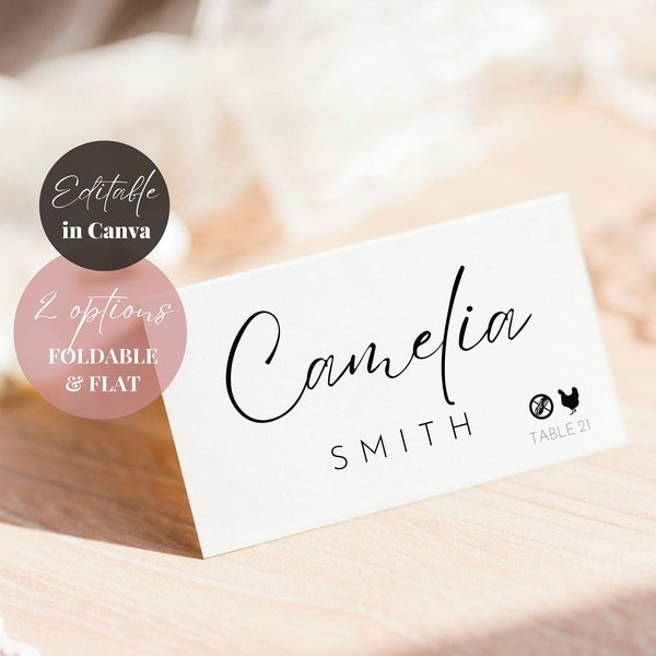 Place Cards Template with Meal Choice Food Icons, Flat and Tented Custom Wedding Escort Cards, DIY Folded Wedding Table Name Cards Template