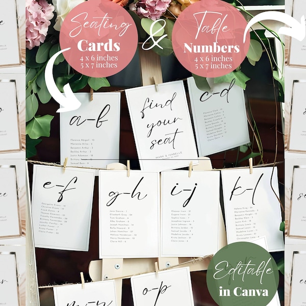 Wedding Seating Chart Cards Alphabetical, Last Name Wedding DIY Seating Chart Cards Template for Mirror, Guest Seating Chart by Alphabet