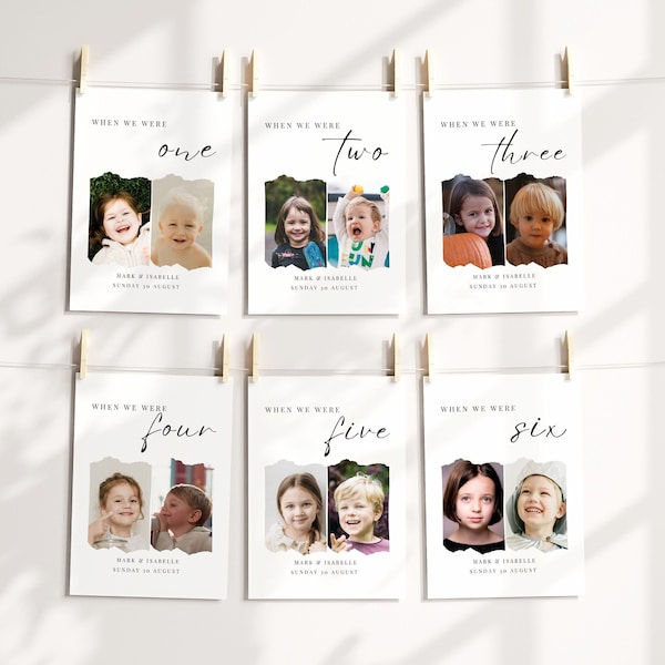 When We Were Age Table Numbers Picture, Childhood Photo Table Numbers, Childhood Ages Wedding Table Numbers Signs, Unique Table Numbers Card