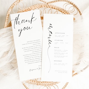Tarjetas de agradecimiento para boda impresas, tarjetas de menú de plato, tarjeta de agradecimiento de plato de boda, menú de boda y tarjeta de agradecimiento de boda con menú