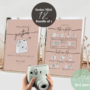 Polaroid Camera How to Load New Film Instructions and Photo Guestbook Signs, Instax Mini 12 Editable Wedding Guest Book Sign