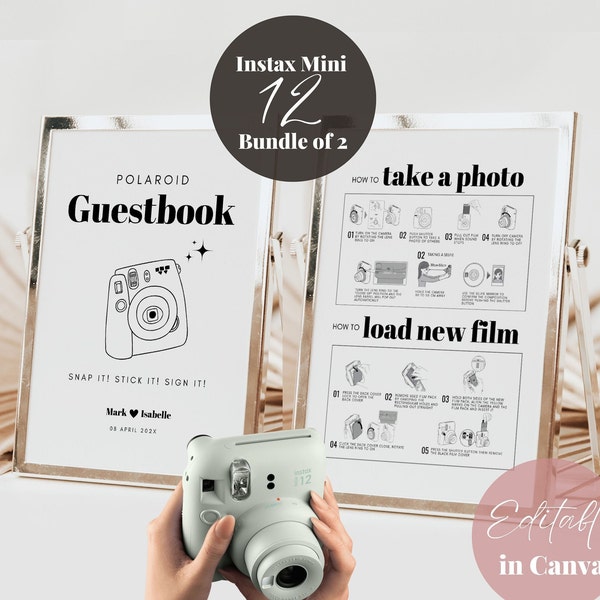 Instax Mini 12 Instructions and Camera Guestbook Sign Bundle, Polaroid Instructions How to Take a Photo, How to Load New Film, Wedding Sign