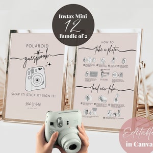 Editable Wedding Polaroid Guest Book Templates, Instax Mini 12 Editable How to Take Photo Camera Instructions and Photo Guestbook Signs DIY