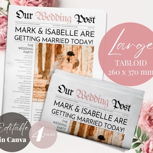 Könnte beinhalten: Ein Mockup einer Hochzeitsanzeige in Form einer Zeitung mit der Schlagzeile "Mark & Isabelle heiraten heute!" Die Zeitung hat ein Tabloidformat, 260 x 370 mm, und ist in Canva bearbeitbar. Die Zeitung enthält ein Foto des Paares in der oberen rechten Ecke.