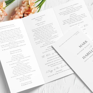 Printable Trifold Catholic Wedding Mass Program minimalistic elegant including wedding participants, the Nuptial Mass, the Introductory Rites, Liturgy of the Word, the Rite of Marriage, the Liturgy of the Eucharist and the Communion Rite