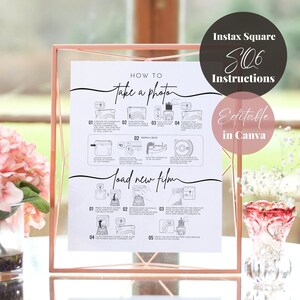 May include: A rose gold geometric frame holds a white instructional print. The print features black text and diagrams detailing how to take photos and load film for an Instax Square SQ6 camera. The text includes "How to take a photo" and "Load new film."