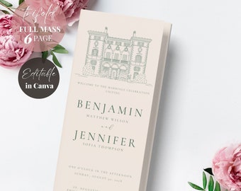 May include: A printable wedding ceremony programme template with a light pink background and a green illustration of a building. The text reads "Welcome to the marriage celebration uniting Benjamin Matthew Wilson and Jennifer Sofia Thompson. One o'clock in the afternoon, Sunday, August 10, 20XX. St. Augustine Church, Philadelphia Pennsylvania."