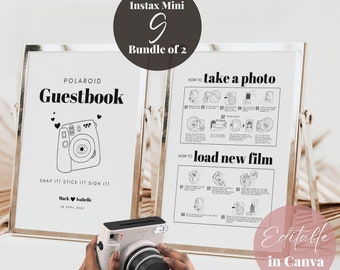 Editable Instax Mini 9 Polaroid Guest Book Sign, How to Take Photo Load New Film Sign Templates, Camera Instructions Guestbook Wedding Signs