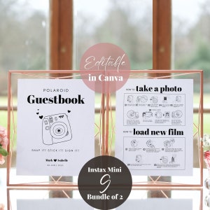 Instax Mini 9 Instructions and Camera Guestbook Sign Bundle, Polaroid Instructions How to Take a Photo, How to Load New Film, Wedding Sign