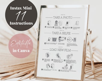 May include: A printable guide with instructions on how to use an Instax Mini 11 camera. The guide includes steps for taking photos, selfies, and loading new film. The guide is editable in Canva.
