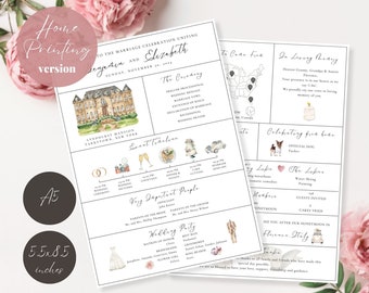 May include: A printable wedding ceremony program with a watercolor illustration of a house, a cake, and a car. The program includes details about the ceremony, reception, and the wedding party. The program is 5.5 x 8.5 inches.