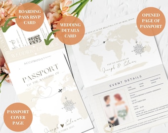 Passport Wedding Invitation Template with QR Code, Travel Theme Wedding Custom Boarding Pass RSVP, Destination Wedding Infographic Timeline