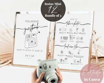 Instax Mini 12 Editable How to Take Photo Camera Instructions and Photo Guestbook Sign Templates, Wedding Polaroid Guest Book Printable DIY
