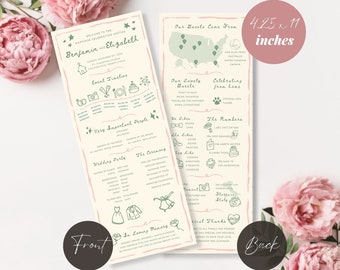 May include: A wedding program with a pink and green color scheme. The front features the couple's names, "Benjamin and Elizabeth", and a timeline of events. The back includes details about the guests, the ceremony, and the reception. The program measures 4.25 inches by 11 inches.