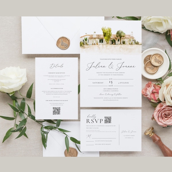 Custom Digital Watercolor Venue Painting Wedding Invitation, Bespoke Watercolor Wedding Venue Illustration on Wedding Invite, Details RSVP