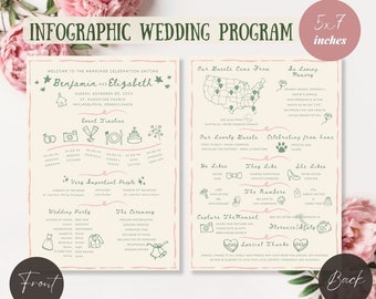 Infographic Wedding Program Template, Whimsical Handwritten Font, Unique Church Wedding Ceremony Program, Wedding Day Timeline Program Card