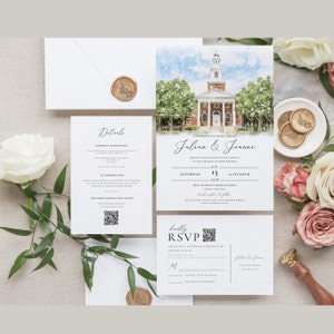 Custom Watercolor Venue Painting Wedding Invitation Suite, Bespoke Watercolor Wedding Venue Illustration on Wedding Invite Details RSVP Card